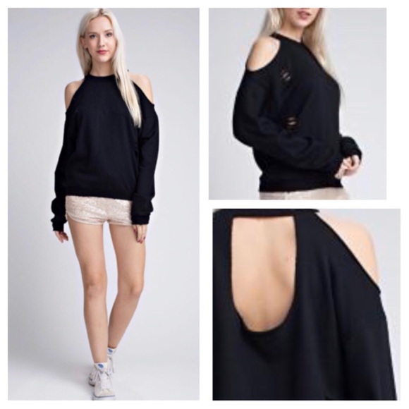 Mia’s Distressed Cold Shoulder Black Sweatshirt - Picture 2 of 8